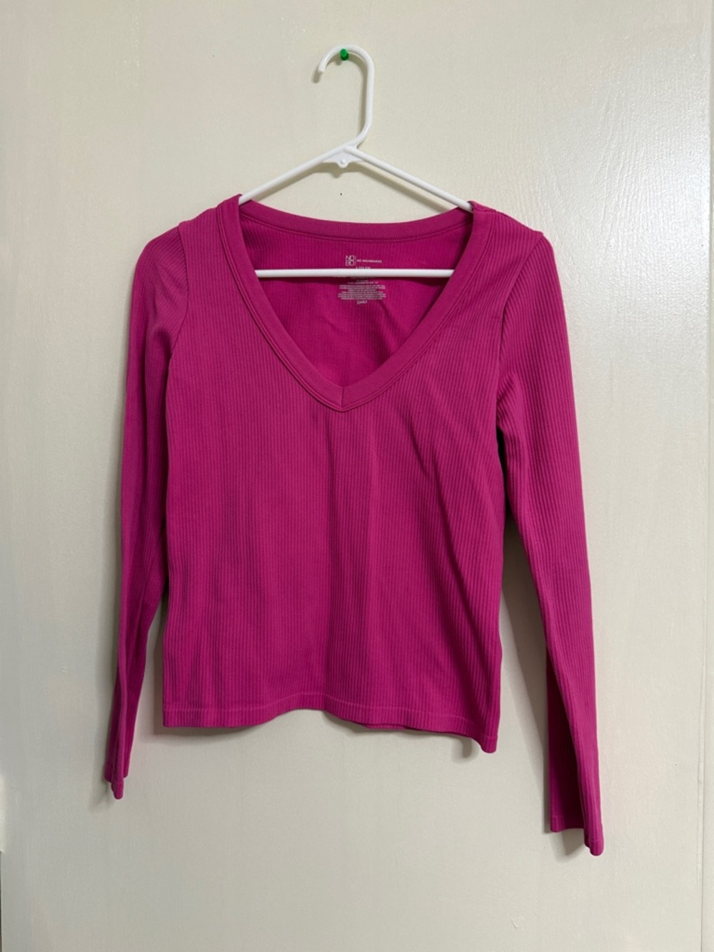 No Boundaries Ribbed V-Neck Long Sleeve Top in Bright Fuchsia